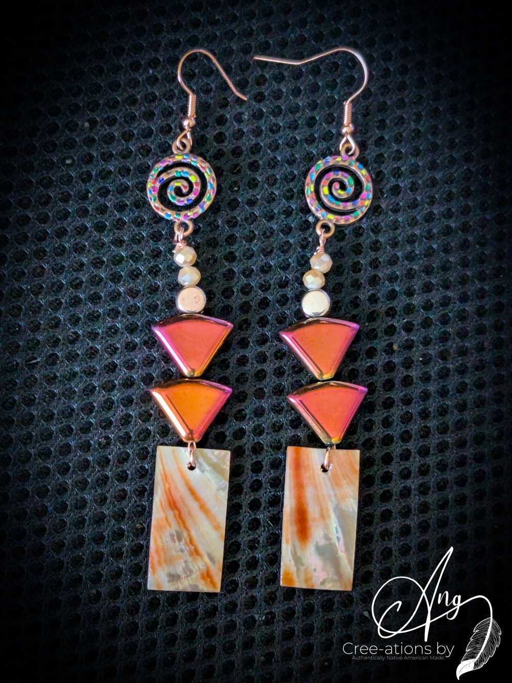 Native American Created Red Abalone Shell Drop Earrings With Triangle Accents